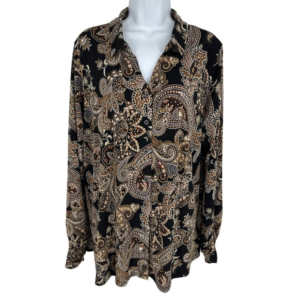 Susan Graver Black & Brown Paisley Button-Down Long Ruched Sleeve Blouse Size 2X
